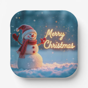 Merry Christmas Snowman with Neon Sign Paper Plate