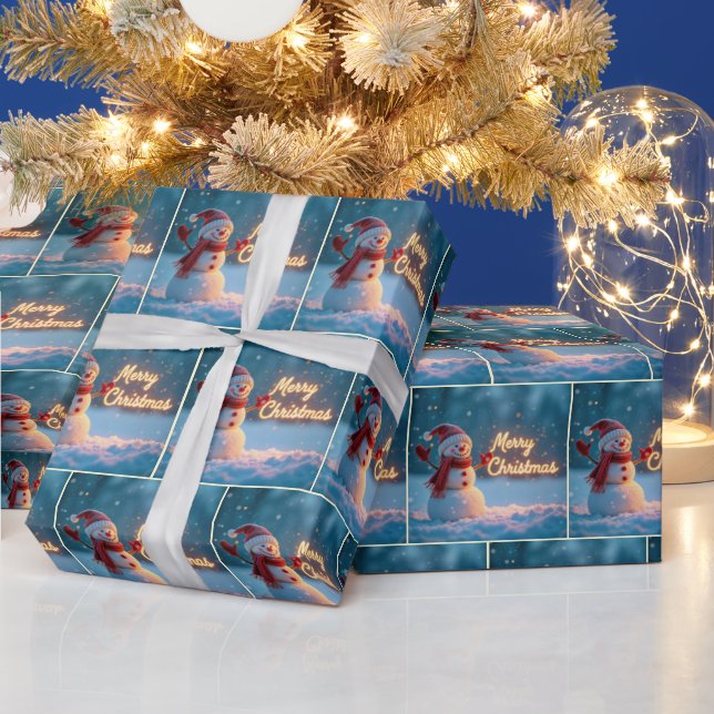 Merry Christmas Snowman with Neon Sign Wrapping Paper (Holidays)