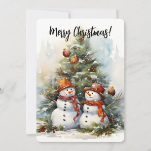 Merry Christmas Snowmen and Christmas Tree Holiday Card