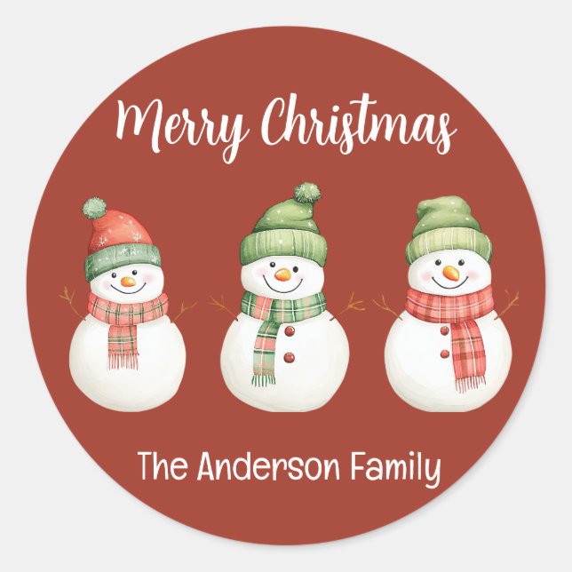 Merry Christmas Snowmen Classic Round Sticker (Front)
