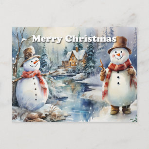 Merry Christmas Snowmen Log Cabin River Announcement Postcard