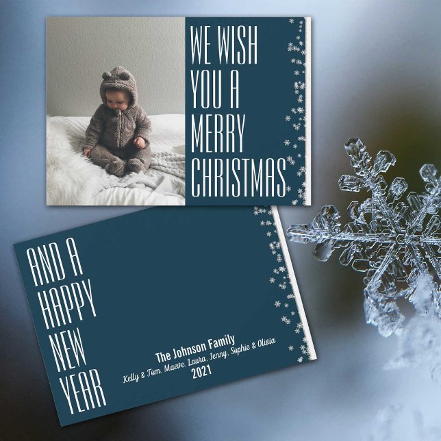 Merry Christmas Snowy Blue Photo  Holiday Card (Wish them all a Merry Christmas & Happy New Year with these cool blue holiday photo cards.)