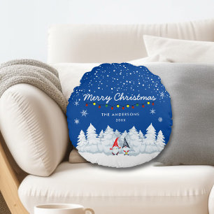 Merry Christmas Snowy Gnomes Round Cushion