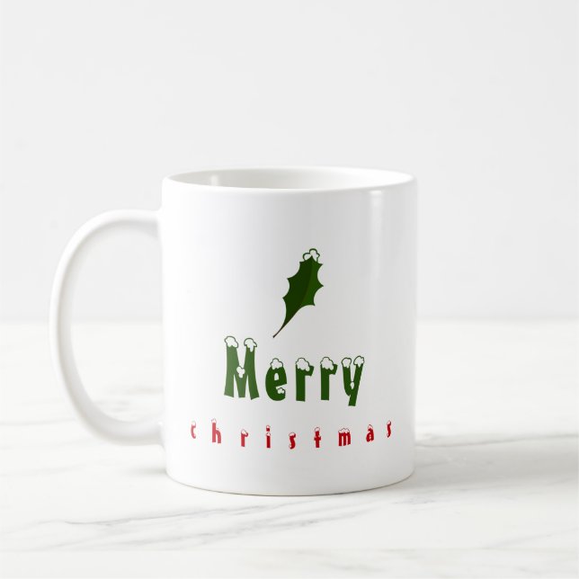 "Merry Christmas" Snowy Holly Leaf Red & Green Coffee Mug (Left)