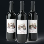 Merry Christmas Snowy House Christmas Trees Wine Label<br><div class="desc">A beautiful Christmas scene to add to your homemade wine bottles,   to friends or family,  of a snowy winter home surrounded by Christmas trees</div>