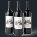 Merry Christmas Snowy House Christmas Trees Wine Label<br><div class="desc">A beautiful Christmas scene to add to your homemade wine bottles,   to friends or family,  of a snowy winter home surrounded by Christmas trees</div>