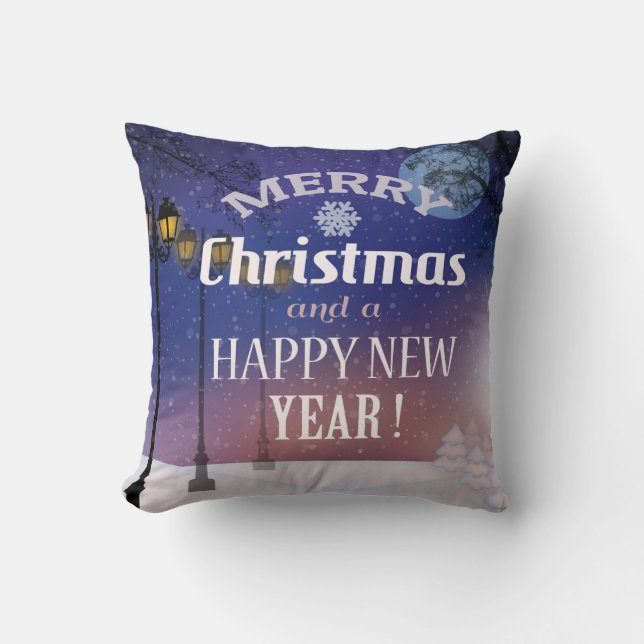 Merry Christmas Snowy Landscape Throw Pillow (Front)