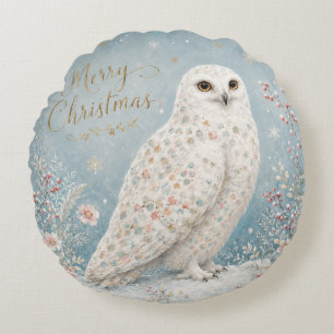 Merry Christmas Snowy Owl Winter Wonderland Round Cushion