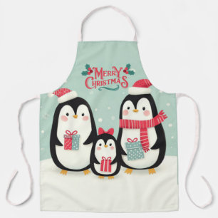 Merry Christmas snowy penguins Apron