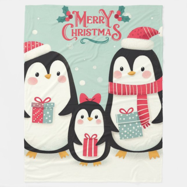 Merry Christmas snowy penguins Fleece Blanket (Front)
