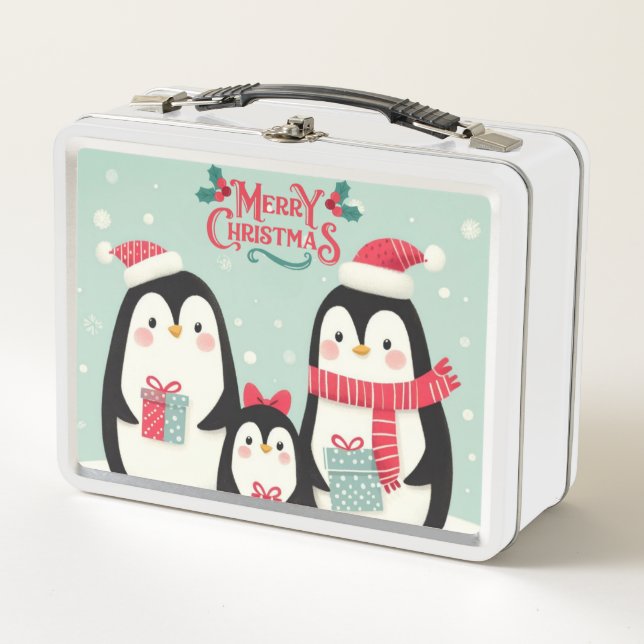 Merry Christmas snowy penguins Metal Lunch Box (Front)