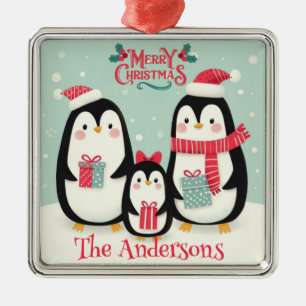 Merry Christmas snowy penguins Metal Tree Decoration