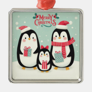 Merry Christmas snowy penguins Metal Tree Decoration