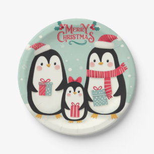 Merry Christmas snowy penguins Paper Plate