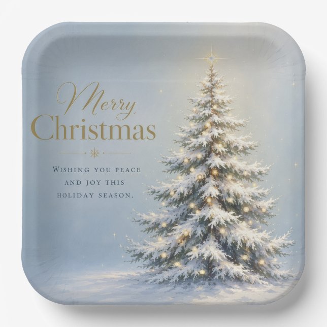 Merry Christmas Snowy Pine Tree Paper Plate (Front)