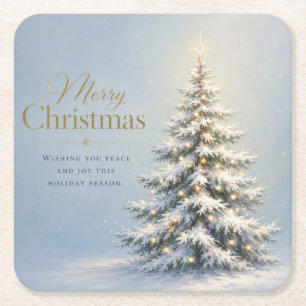 Merry Christmas Snowy Pine Tree Square Paper Coaster