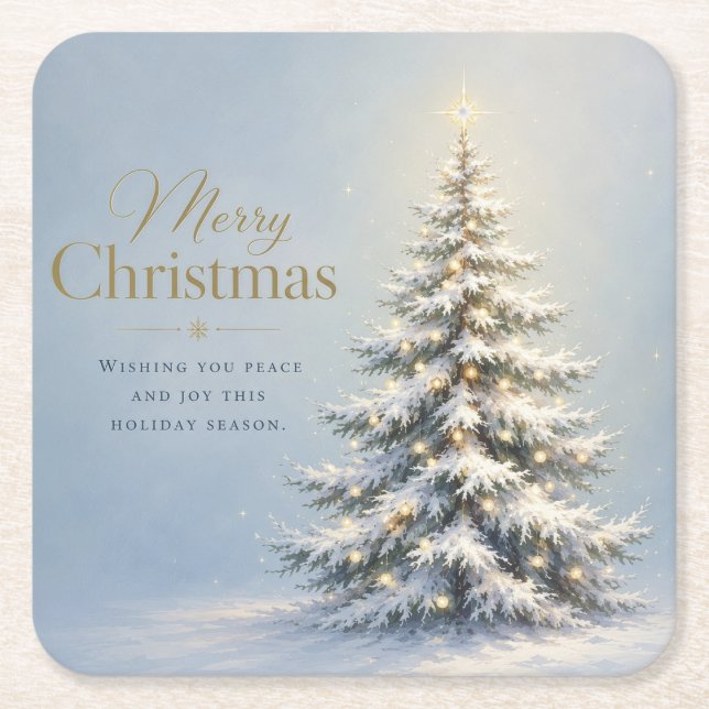 Merry Christmas Snowy Pine Tree Square Paper Coaster (Front)