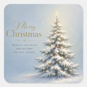 Merry Christmas Snowy Pine Tree Square Sticker