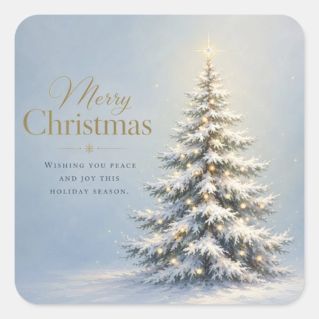 Merry Christmas Snowy Pine Tree Square Sticker (Front)