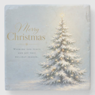 Merry Christmas Snowy Pine Tree Stone Coaster