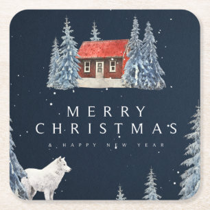 Merry Christmas/Snowy  Winter Cabin with Wolf Square Paper Coaster