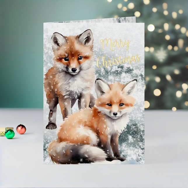 Merry Christmas Snowy Winter Red Fox Cubs Gold Foil Holiday Card (Holiday In Situ 2)