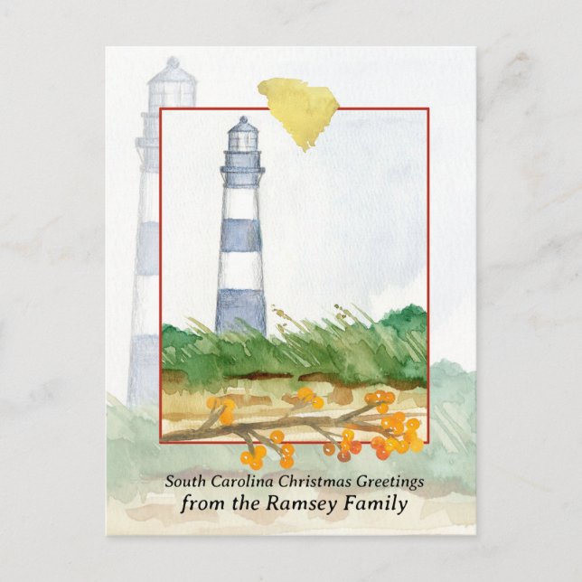 Merry Christmas South Carolina Morris Lighthouse  Holiday Postcard (Front)