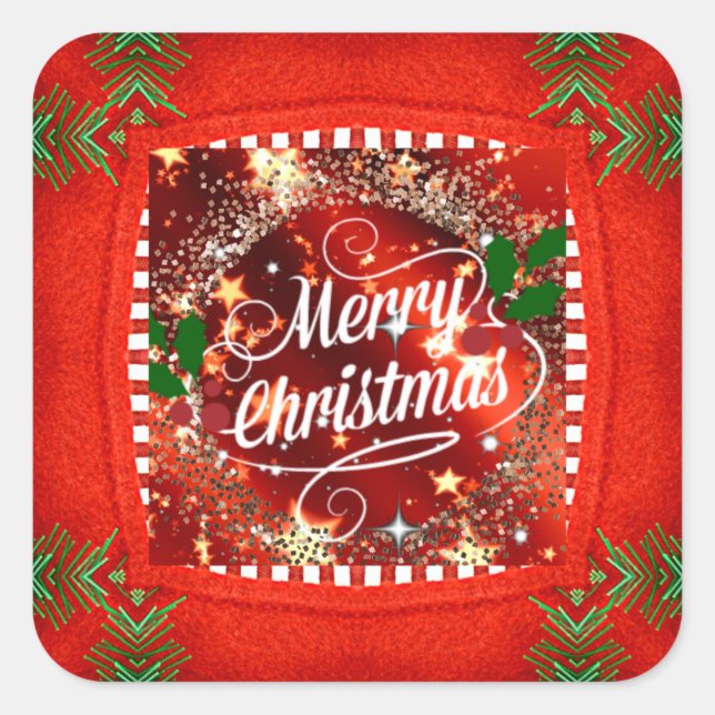 Merry Christmas, sparkle and glitter in red Square Sticker (Front)