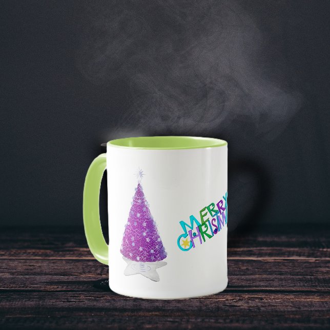 Merry Christmas Sparkle Pink silver Trees Mug (Merry Christmas pink trees on star rug silver star decorations on holiday coffee mug.)