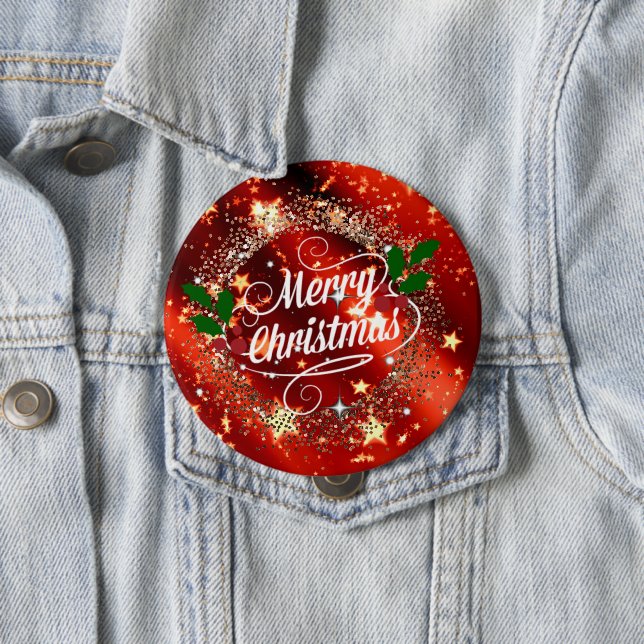 Merry Christmas, Sparkling Red and Gold, 10 Cm Round Badge (In Situ)