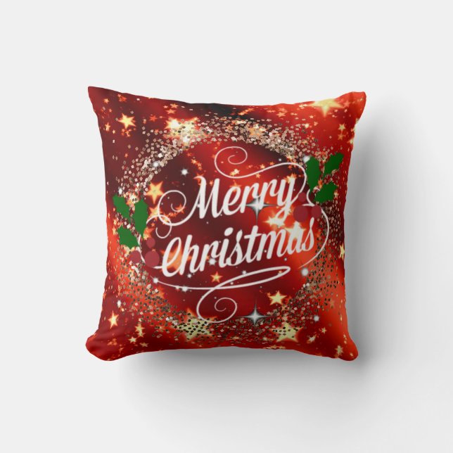 Merry Christmas, Sparkling Red and Gold Design Cushion (Front)