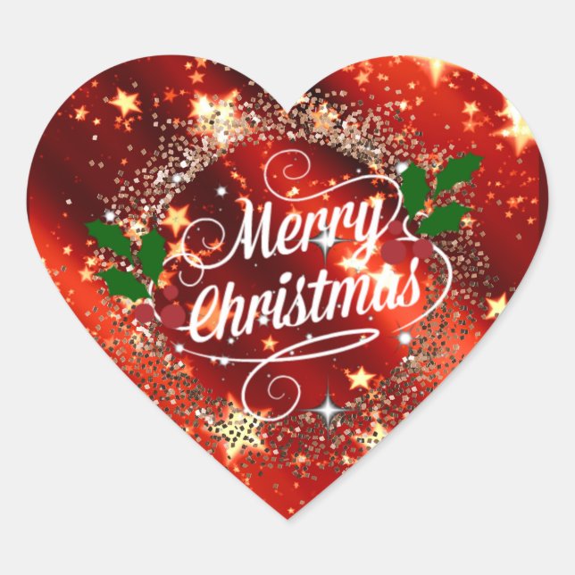 Merry Christmas, Sparkling Red and Gold Design Heart Sticker (Front)