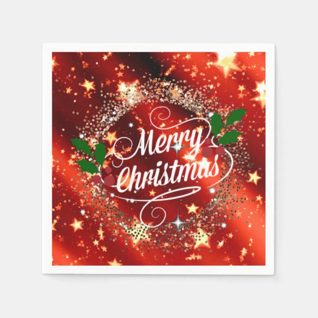 Merry Christmas, Sparkling Red and Gold Design Napkin (Front)