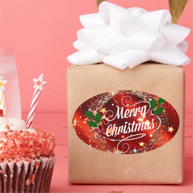 Merry Christmas, Sparkling Red and Gold Design Oval Sticker (Party)