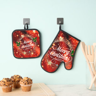 Merry Christmas, Sparkling Red and Gold Design Oven Mitt & Pot Holder Set