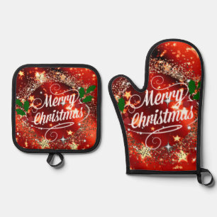 Merry Christmas, Sparkling Red and Gold Design Oven Mitt & Pot Holder Set