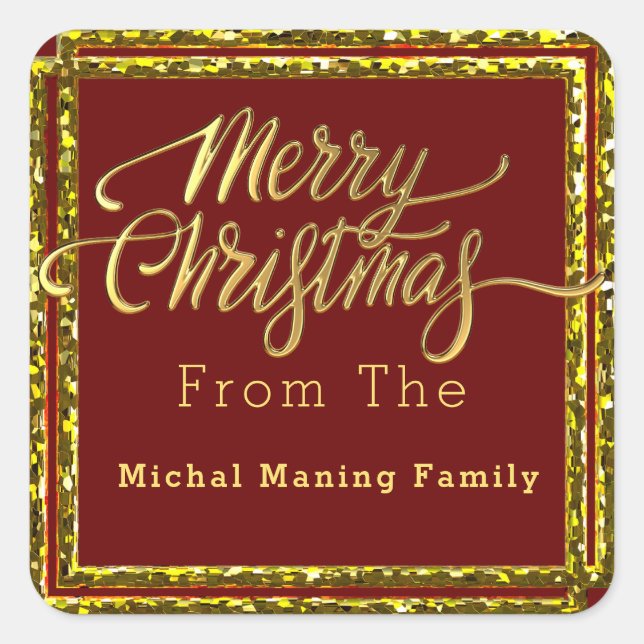 Merry Christmas, Sparkling Red and Gold Design  Square Sticker (Front)