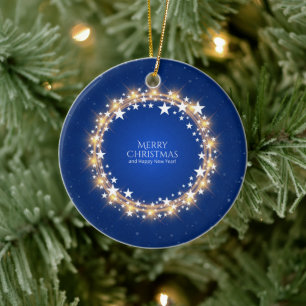 Merry Christmas Sparkling Stars Wreath Blue Ceramic Tree Decoration