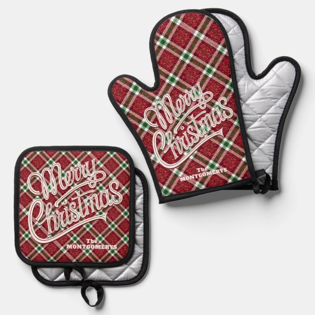 Merry Christmas Sparkly Plaid Oven Mitt & Pot Holder Set (Front/Back)