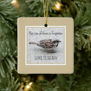 Merry Christmas Sparrow Bird Photo Bible Verse Ceramic Ornament