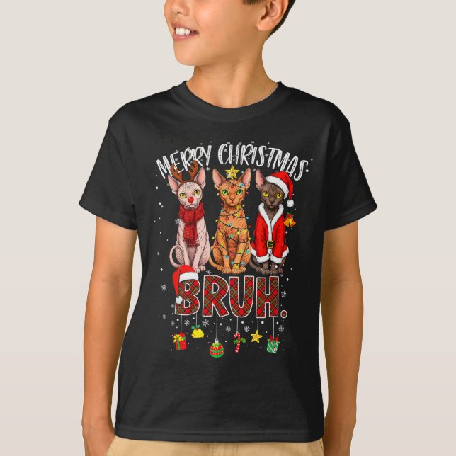 Merry Christmas Sphynx Cat Santa Reindeer Bruh Fun T-Shirt (Front)