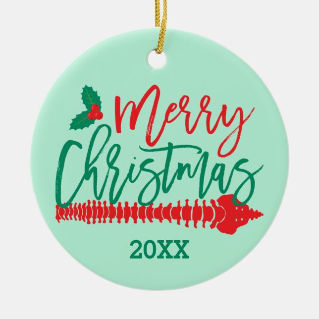Merry Christmas Spine Holly Chiropractic Ceramic O Tree Decoration (Front)