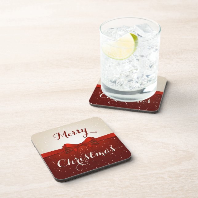 Merry Christmas Split Snow and Red Ribbon Coaster (Right Side)