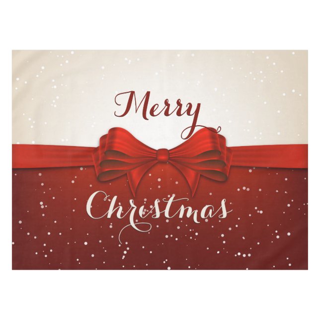 Merry Christmas Split Snow and Red Ribbon Tablecloth (Front (Horizontal))