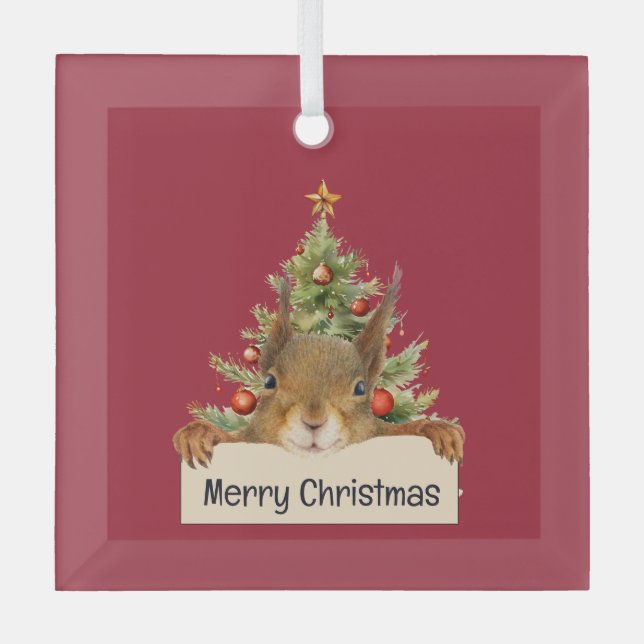 Merry Christmas Squirrel Christmas Tree Editable Glass Tree Decoration (Front)