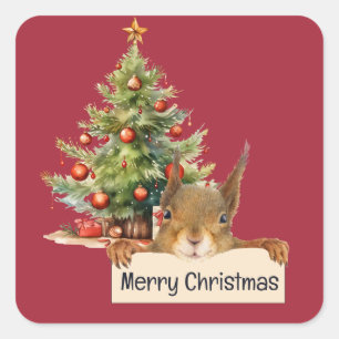 Merry Christmas Squirrel Christmas Tree Editable  Square Sticker