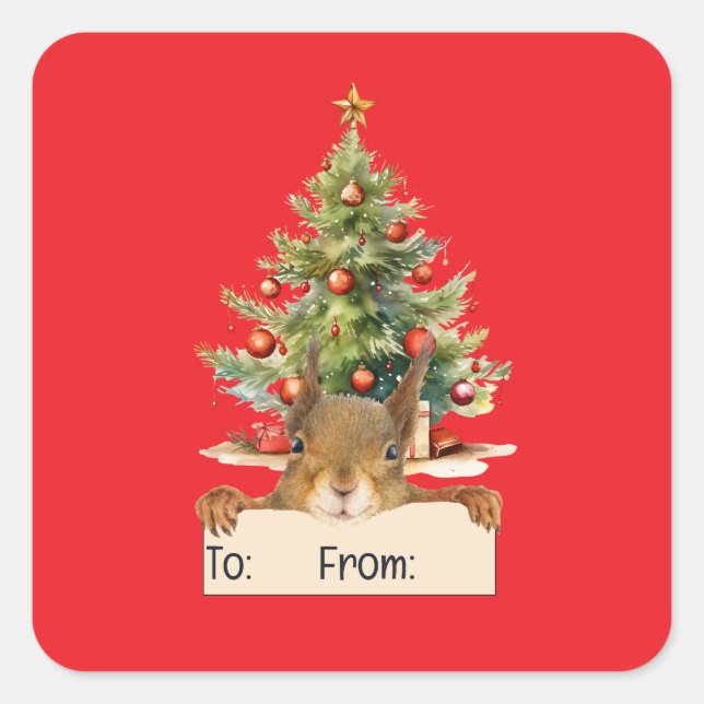 Merry Christmas Squirrel Christmas Tree To From Square Sticker (Front)
