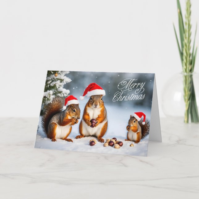 Merry Christmas Squirrel Family in Santa Hats  Holiday Card (Front)