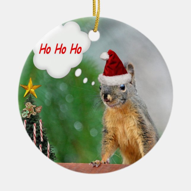 Merry Christmas Squirrel Saying Ho Ho Ho! Ceramic Tree Decoration (Front)
