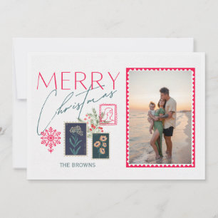 merry christmas stamps red photo family name holiday card